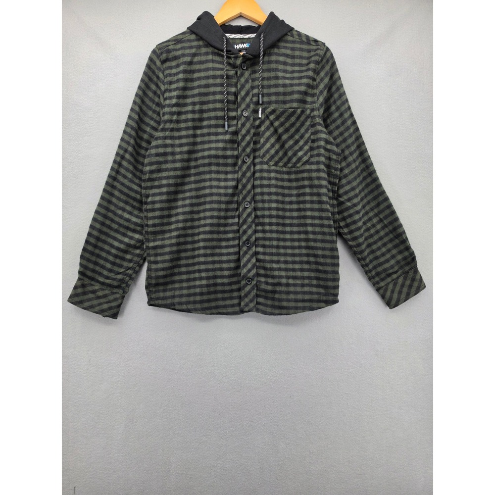Tony Hawk Mens Hooded Flannel Shirt Green Black Striped Skater Shacket Size M